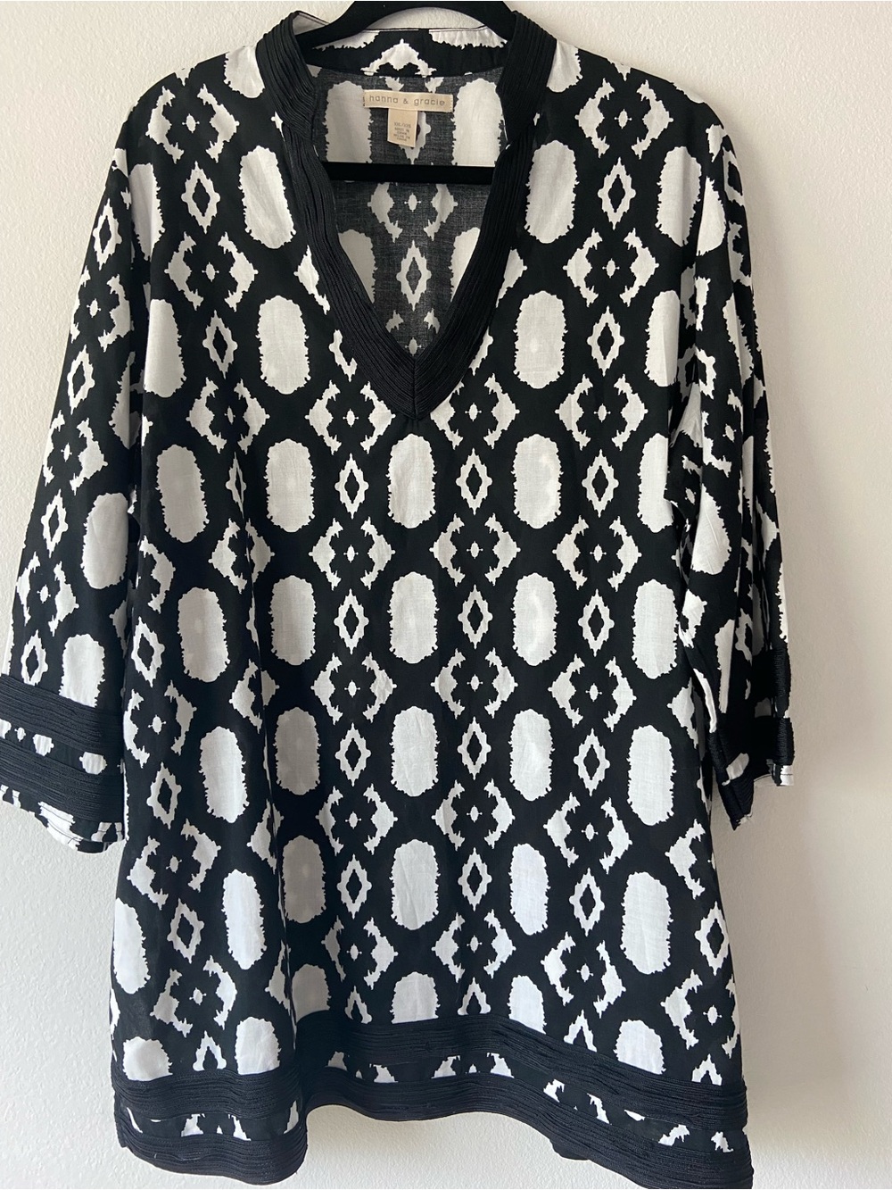 Hanna & Gracie Black White Ikat Print Tunic Blouse XXL